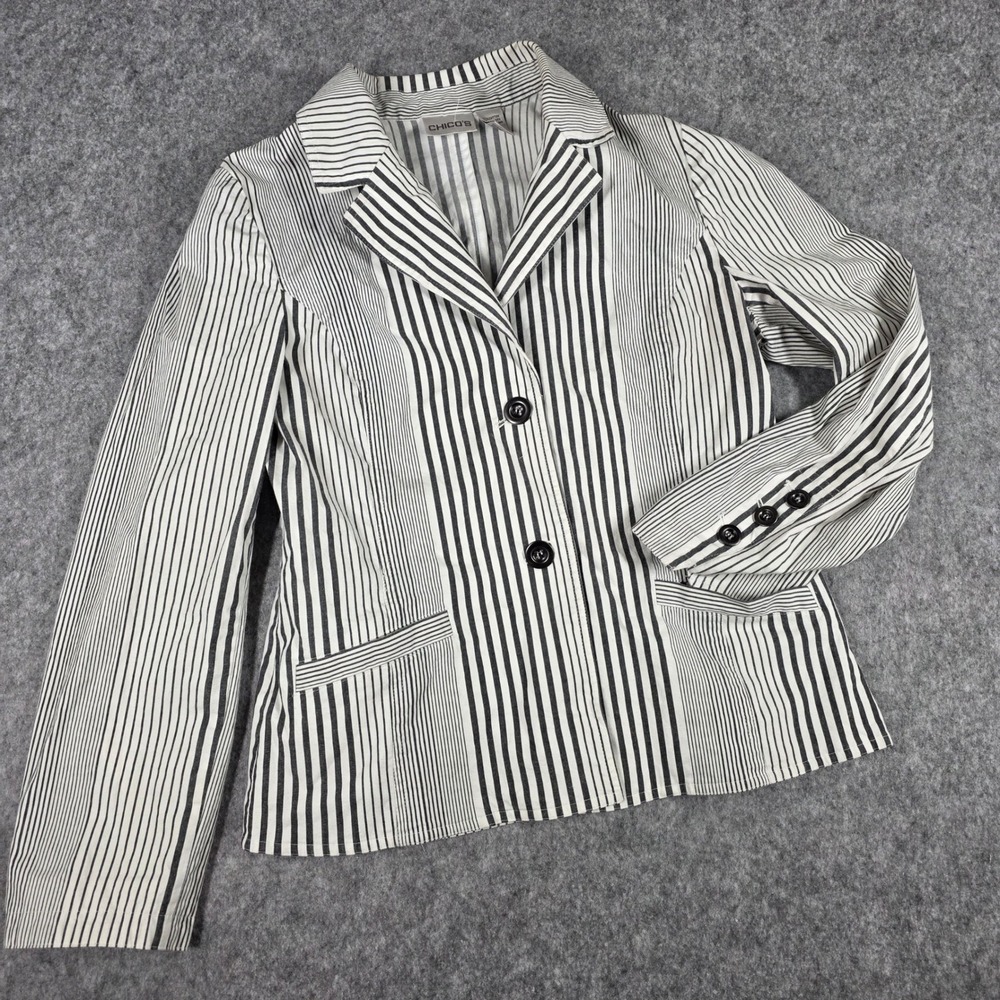 Chico's Striped Blazer Black Grey White Cotton Stretch Button Jacket sz Medium 1